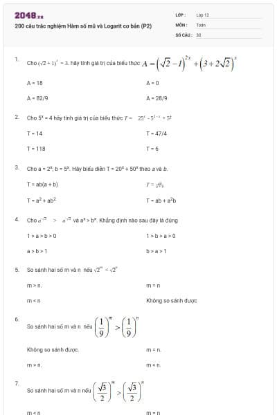 200 câu trắc nghiệm Hàm số mũ và Logarit cơ bản (P2)