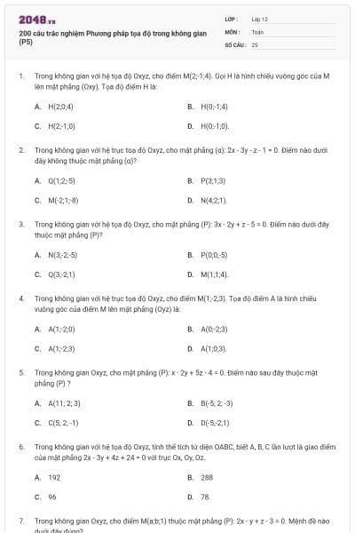 200 câu trắc nghiệm Phương pháp tọa độ trong không gian (P5)