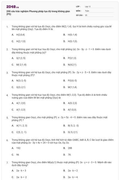 200 câu trắc nghiệm Phương pháp tọa độ trong không gian (P5)