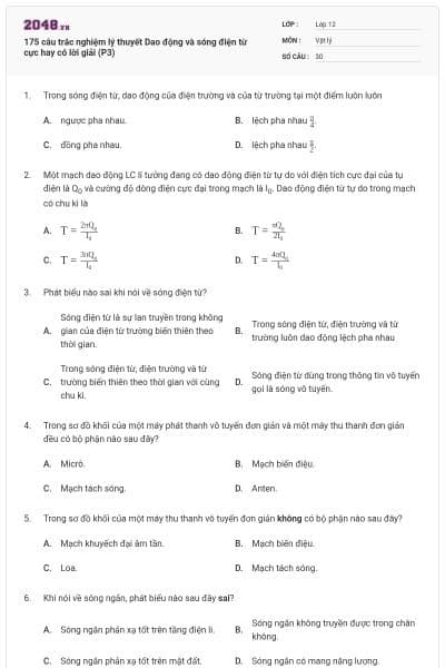 175 câu trắc nghiệm lý thuyết Dao động và sóng điện từ cực hay có lời giải (P3)