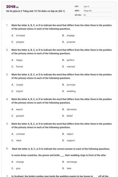 Đề thi giữa kì 2 Tiếng Anh 10 Thí điểm có đáp án (Đề 1)