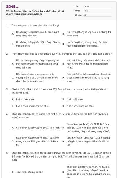 28 câu Trắc nghiệm Hai đường thẳng chéo nhau và hai đường thẳng song song có đáp án