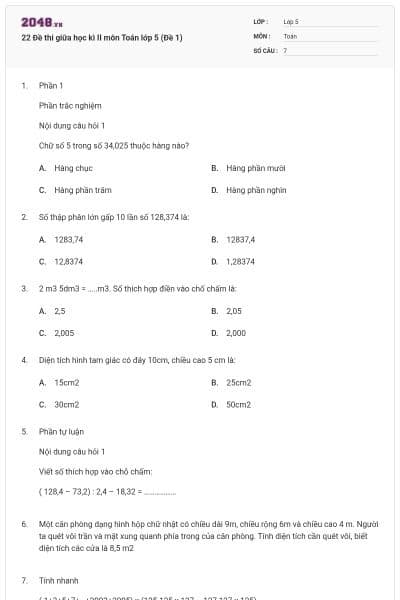 22 Đề thi giữa học kì II môn Toán lớp 5 (Đề 1)