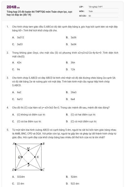 Tổng hợp 25 đề luyện thi THPTQG môn Toán chọn lọc, cực hay có đáp án (đề 14)