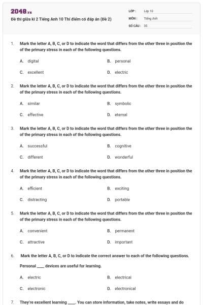 Đề thi giữa kì 2 Tiếng Anh 10 Thí điểm có đáp án (Đề 2)