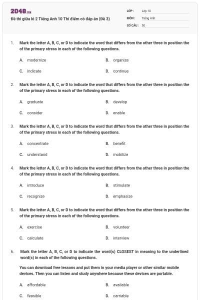 Đề thi giữa kì 2 Tiếng Anh 10 Thí điểm có đáp án (Đề 3)