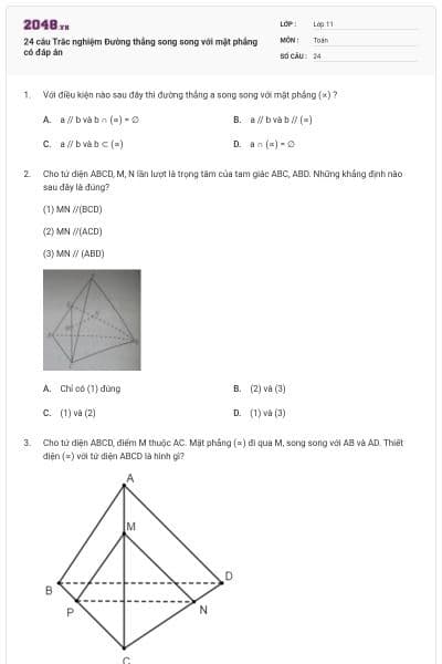 24 câu Trắc nghiệm Đường thẳng song song với mặt phẳng có đáp án