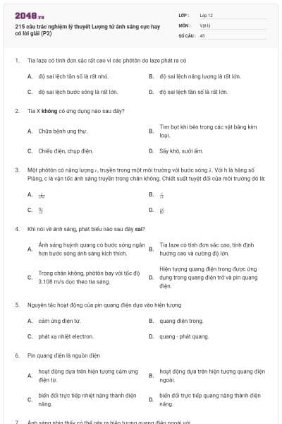 215 câu trắc nghiệm lý thuyết Lượng tử ánh sáng cực hay có lời giải (P2)