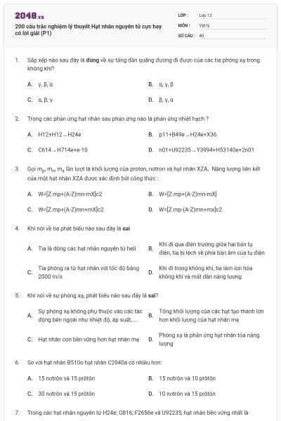 200 câu trắc nghiệm lý thuyết Hạt nhân nguyên tử cực hay có lời giải (P1)
