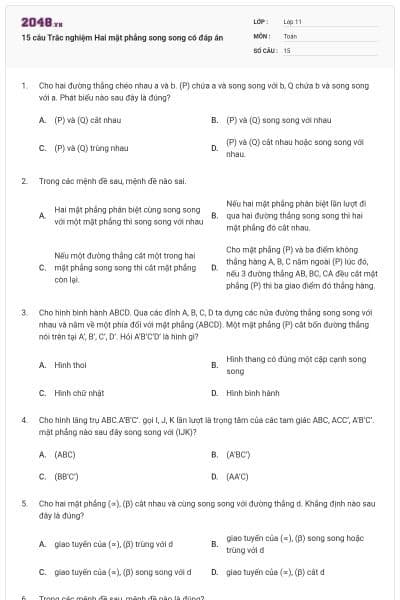 15 câu Trắc nghiệm Hai mặt phẳng song song có đáp án