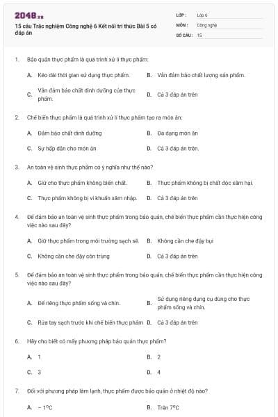 15 câu Trắc nghiệm Công nghệ 6 Kết nối tri thức Bài 5 có đáp án