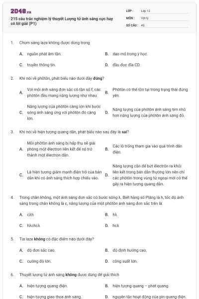 215 câu trắc nghiệm lý thuyết Lượng tử ánh sáng cực hay có lời giải (P1)