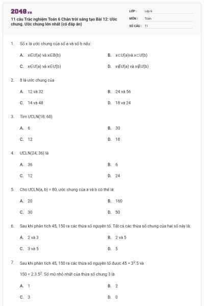 11 câu Trắc nghiệm Toán 6 Chân trời sáng tạo Bài 12: Ước chung. Ước chung lớn nhất (có đáp án)