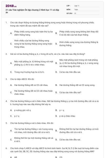 21 câu Trắc nghiệm Ôn tập chương 2 Hình học 11 có đáp án