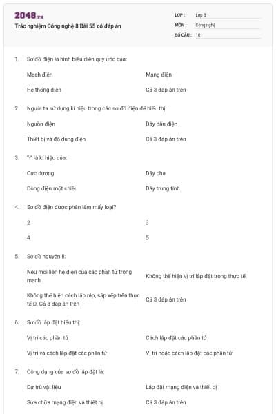 Trắc nghiệm Công nghệ 8 Bài 55 có đáp án