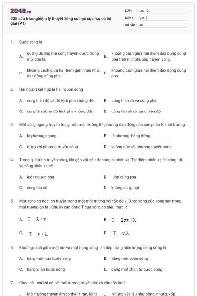 235 câu trắc nghiệm lý thuyết Sóng cơ học cực hay có lời giải (P1)
