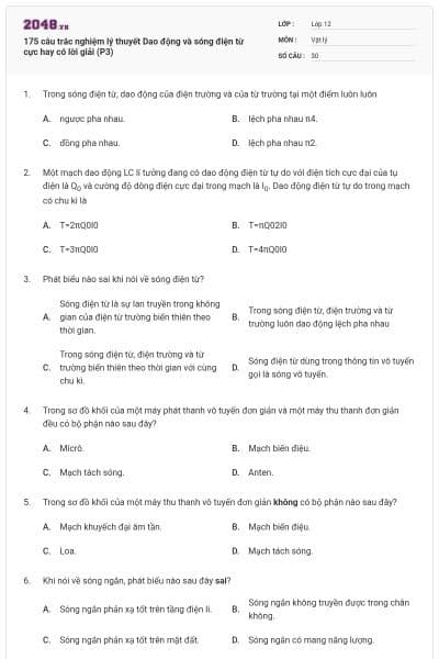 175 câu trắc nghiệm lý thuyết Dao động và sóng điện từ cực hay có lời giải (P3)
