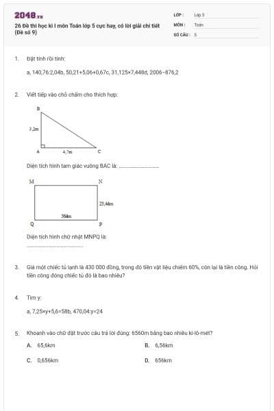 26 Đề thi học kì I môn Toán lớp 5 cực hay, có lời giải chi tiết (Đề số 9)