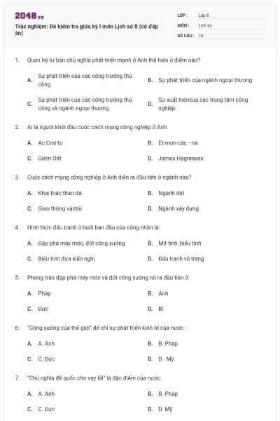 Trắc nghiệm: Đề kiểm tra giữa kỳ I môn Lịch sử 8 (có đáp án)