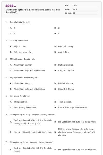 Trắc nghiệm Vật Lí 7 Bài 2(có đáp án): Bài tập hai loại điện tích (phần 2)