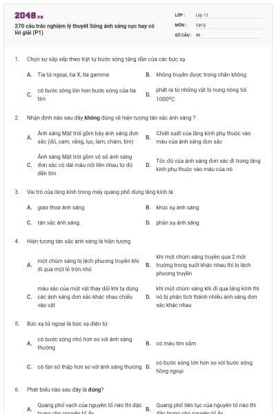 270 câu trắc nghiệm lý thuyết Sóng ánh sáng cực hay có lời giải (P1)