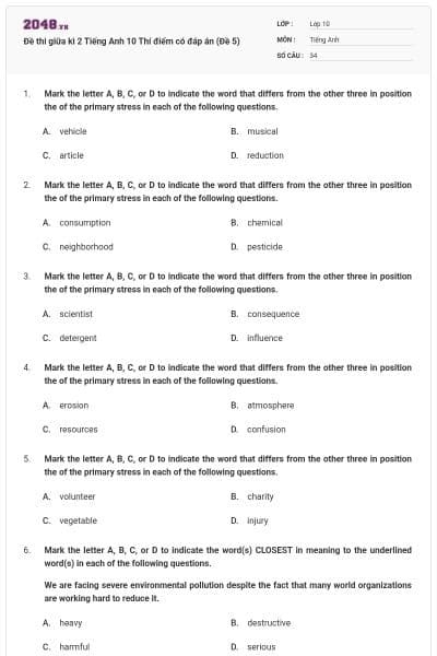 Đề thi giữa kì 2 Tiếng Anh 10 Thí điểm có đáp án (Đề 5)