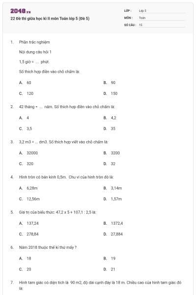22 Đề thi giữa học kì II môn Toán lớp 5 (Đề 5)