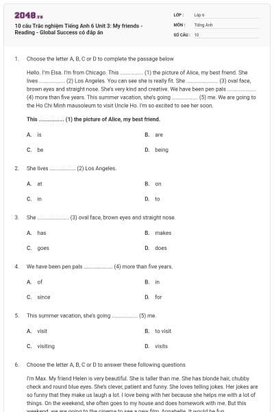 10 câu Trắc nghiệm Tiếng Anh 6 Unit 3: My friends - Reading - Global Success có đáp án