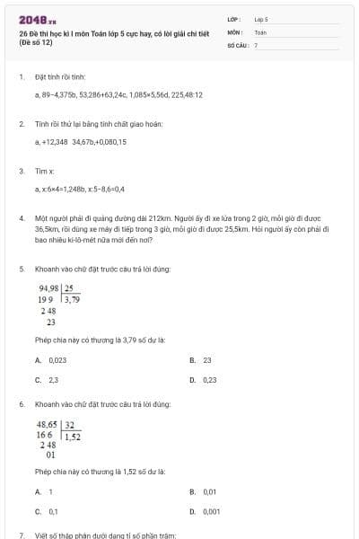 26 Đề thi học kì I môn Toán lớp 5 cực hay, có lời giải chi tiết (Đề số 12)
