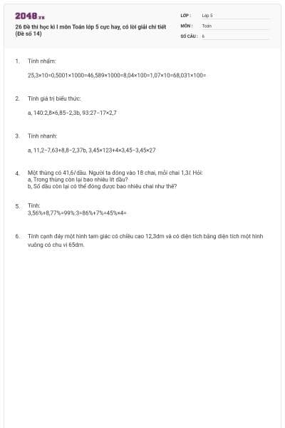 26 Đề thi học kì I môn Toán lớp 5 cực hay, có lời giải chi tiết (Đề số 14)