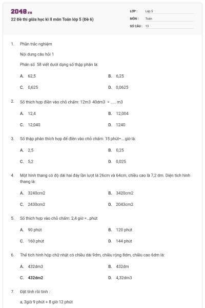 22 Đề thi giữa học kì II môn Toán lớp 5 (Đề 6)
