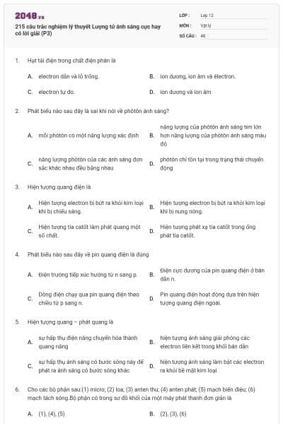 215 câu trắc nghiệm lý thuyết Lượng tử ánh sáng cực hay có lời giải (P3)