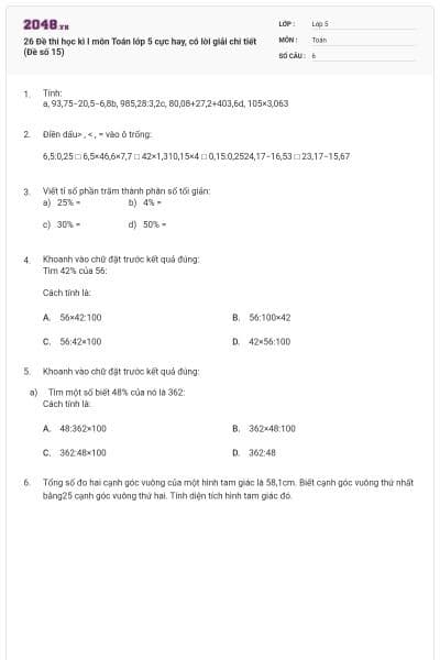 26 Đề thi học kì I môn Toán lớp 5 cực hay, có lời giải chi tiết (Đề số 15)