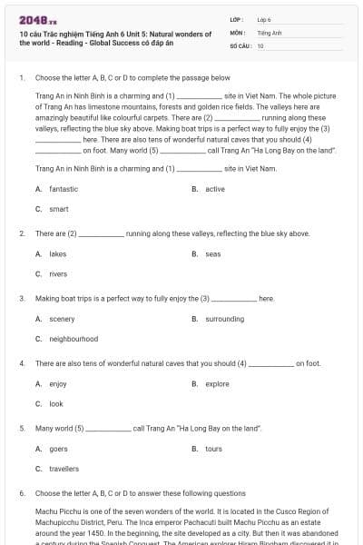 10 câu Trắc nghiệm Tiếng Anh 6 Unit 5: Natural wonders of the world - Reading - Global Success có đáp án