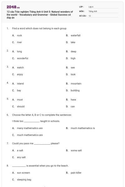 12 câu Trắc nghiệm Tiếng Anh 6 Unit 5: Natural wonders of the world - Vocabulary and Grammar - Global Success có đáp án