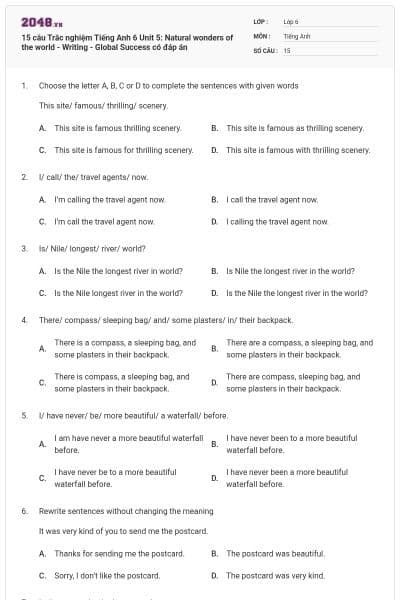 15 câu Trắc nghiệm Tiếng Anh 6 Unit 5: Natural wonders of the world - Writing - Global Success có đáp án