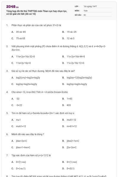 Tổng hợp đề thi thử THPTQG môn Tóan cực hay chọn lọc, có lời giải chi tiết (đề số 16)