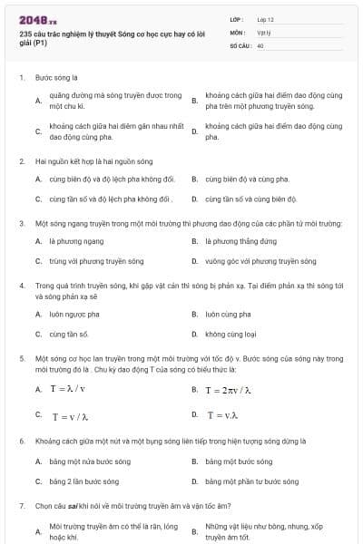 235 câu trắc nghiệm lý thuyết Sóng cơ học cực hay có lời giải (P1)
