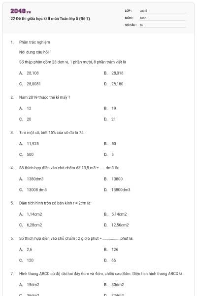 22 Đề thi giữa học kì II môn Toán lớp 5 (Đề 7)