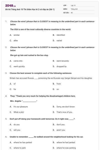 Đề thi Tiếng Anh 10 Thí điểm Học kì 2 có đáp án (Đề 1)