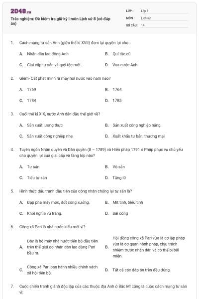 Trắc nghiệm: Đề kiểm tra giữ kỳ I môn Lịch sử 8 (có đáp án)
