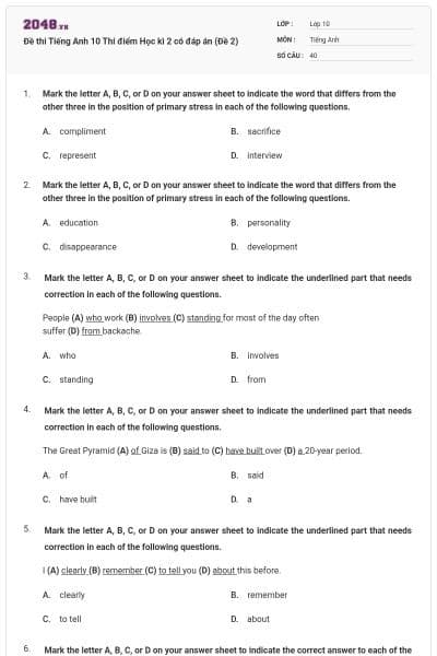 Đề thi Tiếng Anh 10 Thí điểm Học kì 2 có đáp án (Đề 2)