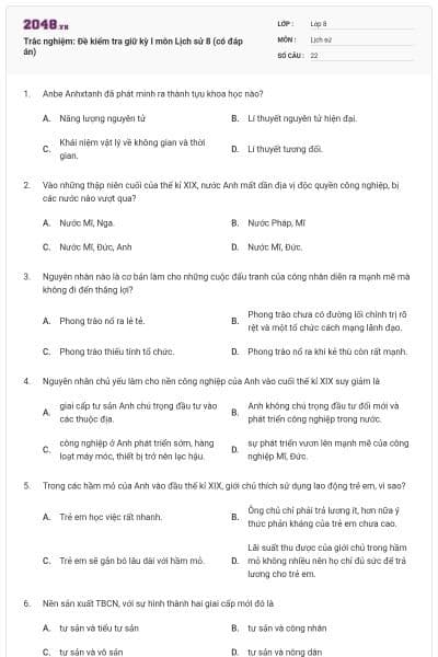 Trắc nghiệm: Đề kiểm tra giữ kỳ I môn Lịch sử 8 (có đáp án)