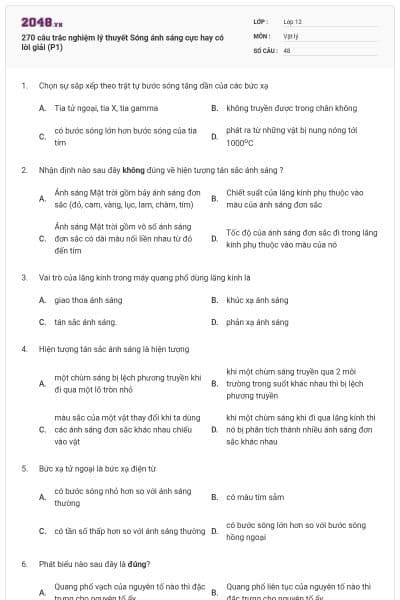 270 câu trắc nghiệm lý thuyết Sóng ánh sáng cực hay có lời giải (P1)