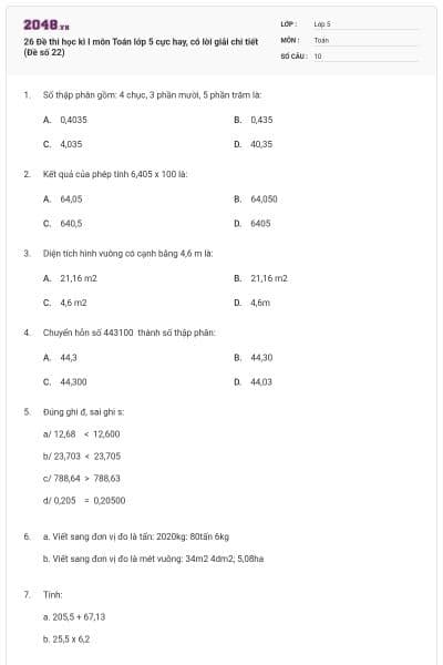 26 Đề thi học kì I môn Toán lớp 5 cực hay, có lời giải chi tiết (Đề số 22)