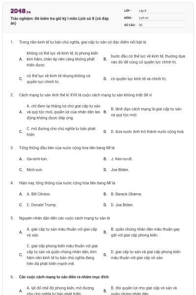 Trắc nghiệm: Đề kiểm tra giữ kỳ I môn Lịch sử 8 (có đáp án)
