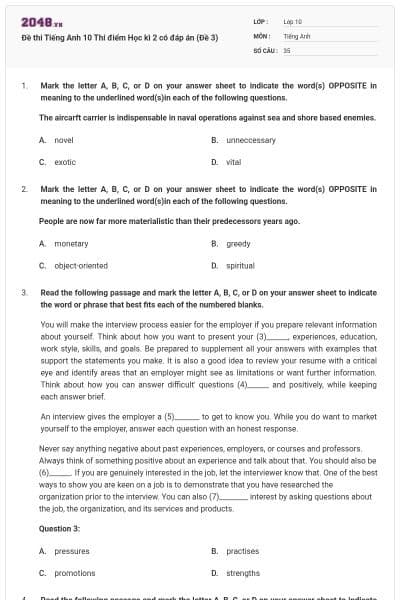Đề thi Tiếng Anh 10 Thí điểm Học kì 2 có đáp án (Đề 3)