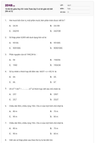 16 Đề thi giữa Học Kì I môn Toán lớp 5 có lời giải chi tiết (Đề số 3)