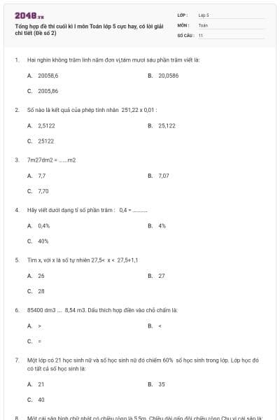 Tổng hợp đề thi cuối kì I môn Toán lớp 5 cực hay, có lời giải chi tiết (Đề số 2)