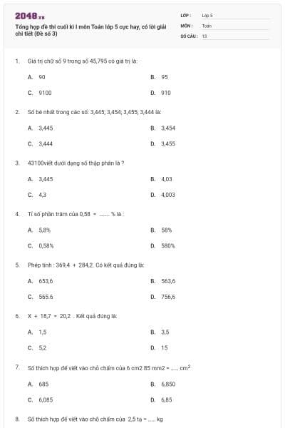 Tổng hợp đề thi cuối kì I môn Toán lớp 5 cực hay, có lời giải chi tiết (Đề số 3)